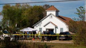 Law enforcement officials investigate a mass shooting at the First Baptist Church in Sutherland Springs, Texas, on Sunday, Nov. 5, 2017. NICK WAGNER / AMERICAN-STATESMAN